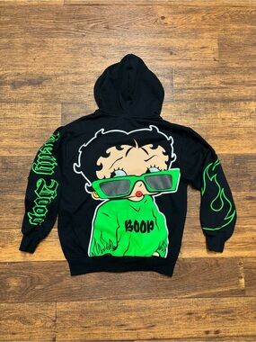 Black Zip-Up Betty Boop Hoodie with Neon Green Graphic